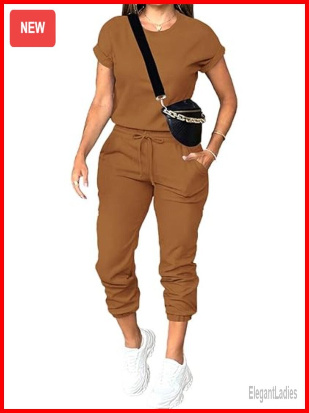 Women's 2 Piece Knit Tracksuit Set Short Sleeve Top Jogger Pants with Pockets